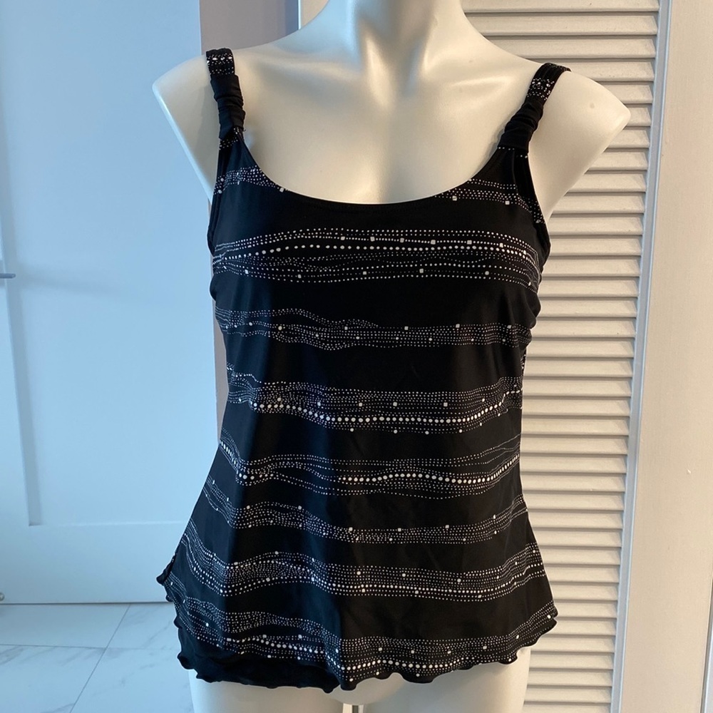 Tankini top by silhouette Solutions. Black with white polka dots. Size 10D